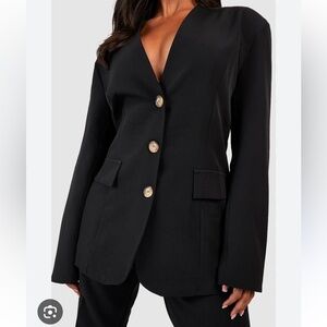 Boohoo Plus Woven Black Horn Button Long Sleeve Blazer